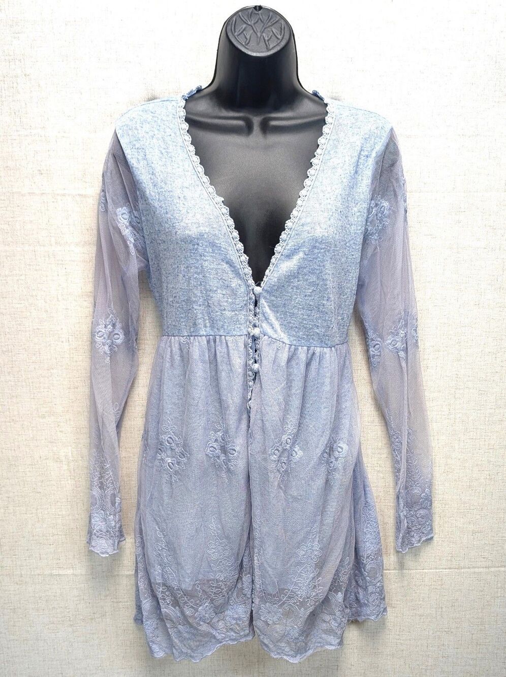 A'reve Blue Long Lace Jacket Cardigan Tie Back Floral Boho Chic Women's Size M